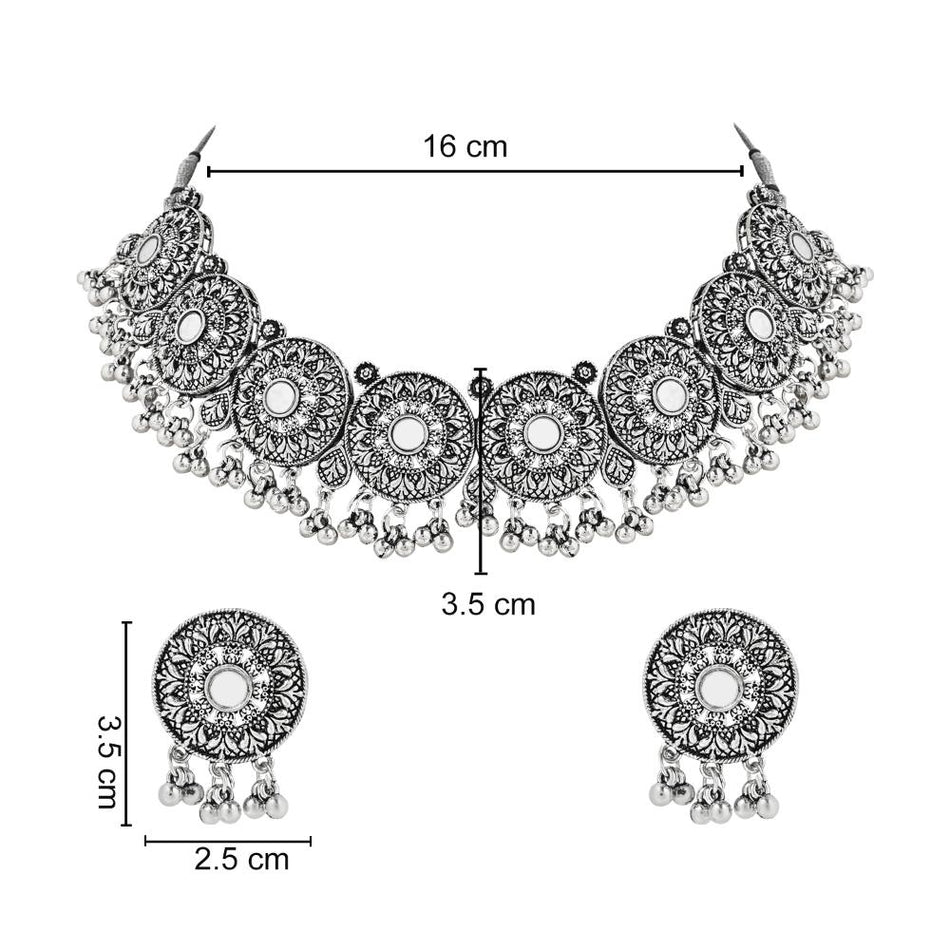 Ethnic Silver Oxidized Afghani Choker Necklace Set with Earrings