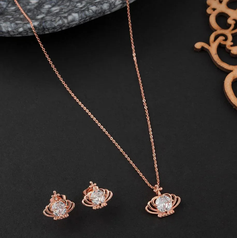 Crown-Shaped CZ Pendant Chain Set – Rosegold Plated | Cubic Zirconia - Shangri 