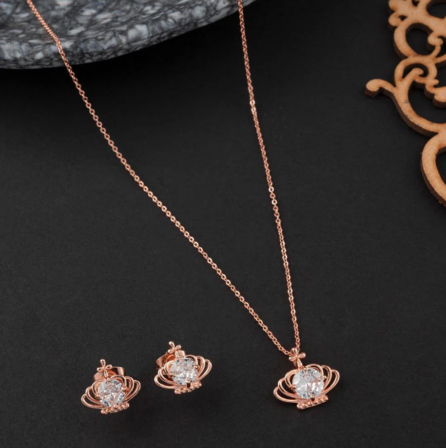 Crown-Shaped CZ Pendant Chain Set – Rosegold Plated | Cubic Zirconia