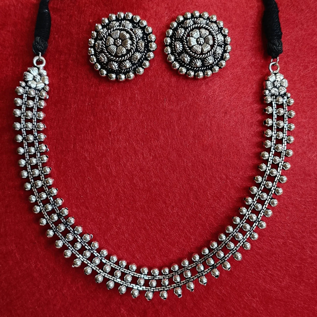 Silver Oxidised Delicate Choker Necklace Set – Handcrafted Antique Finish - Shangri 
