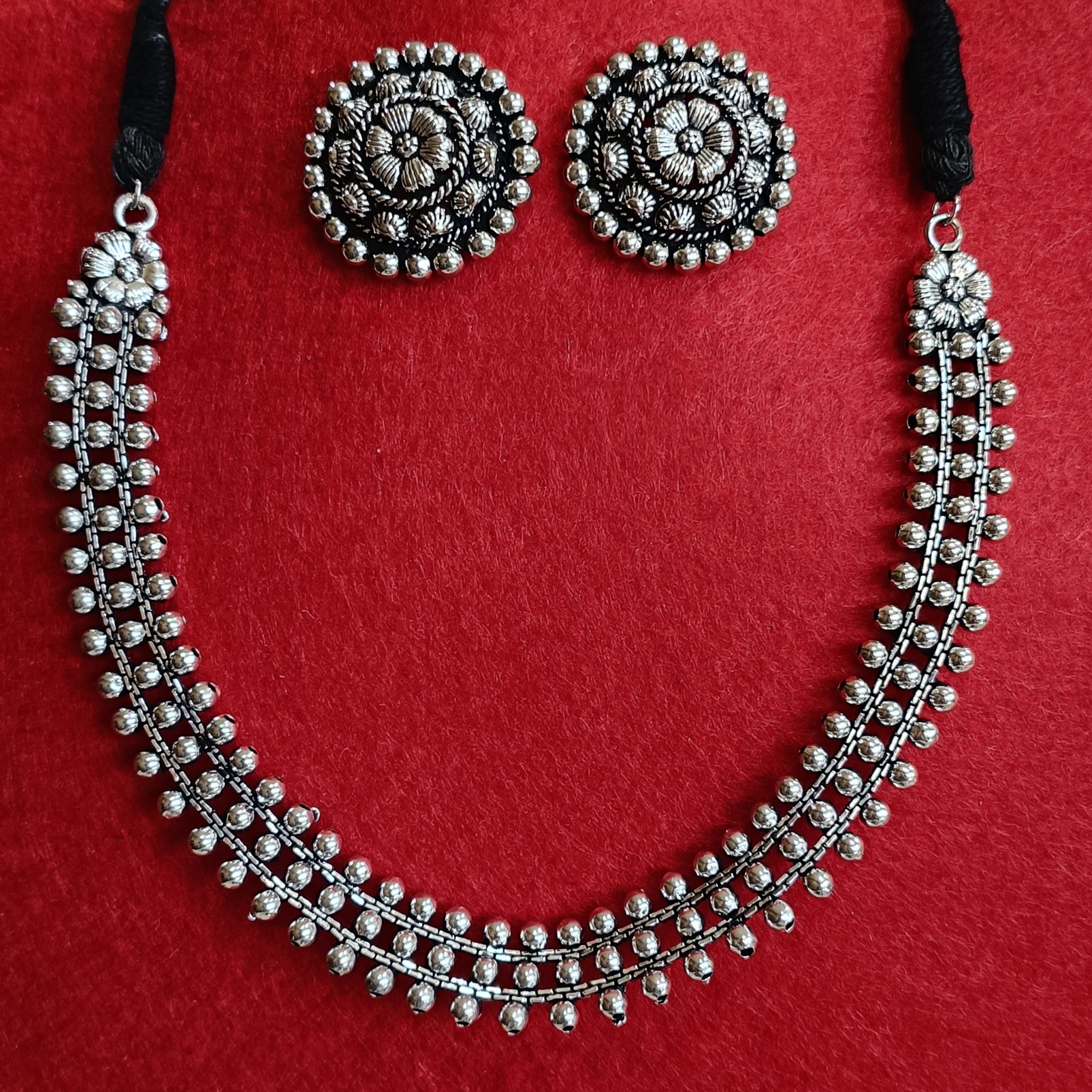 Silver Oxidised Delicate Choker Necklace Set – Handcrafted Antique Finish