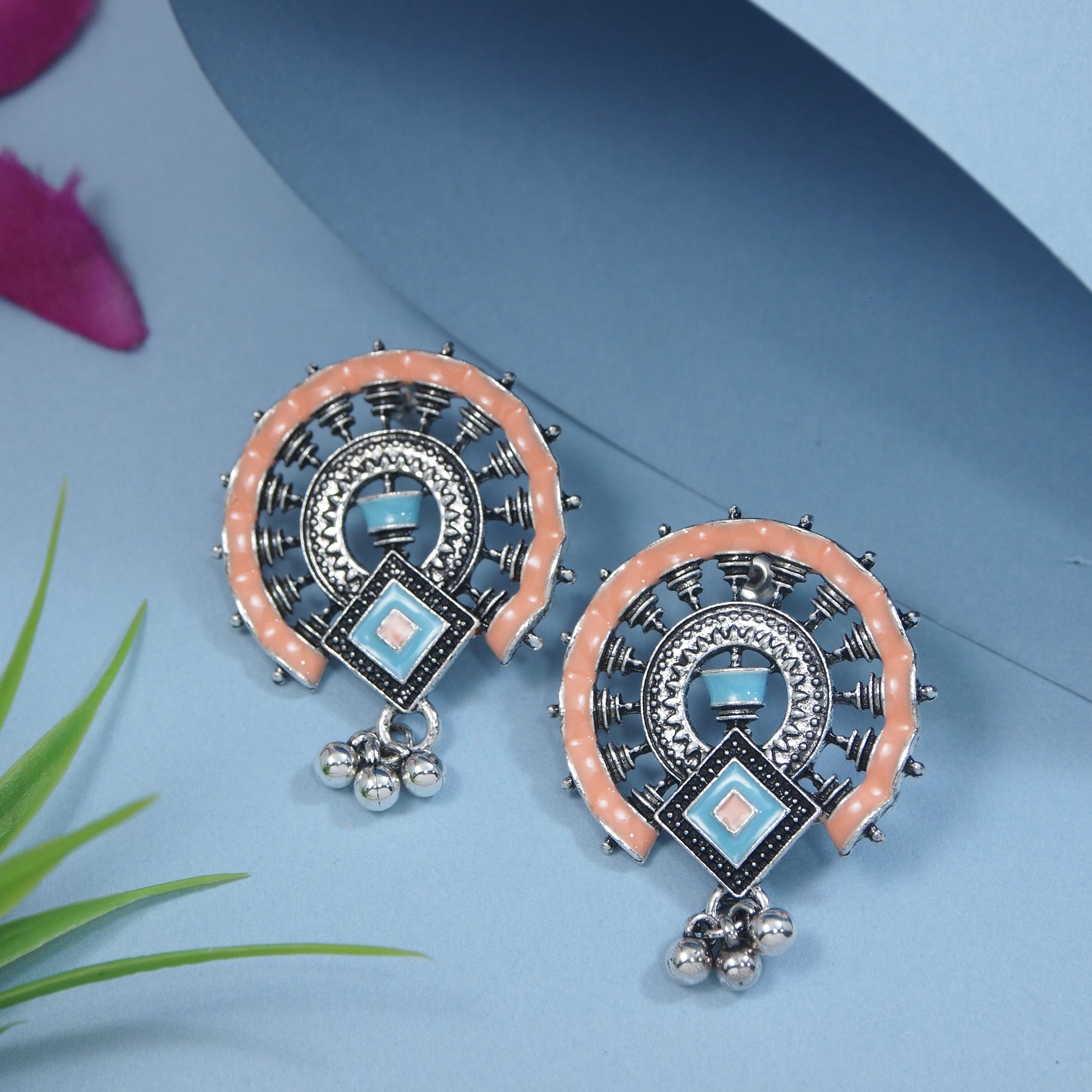 Antique Silver/Gold Plated Enamel Artwork Earrings – Multi-Color Design