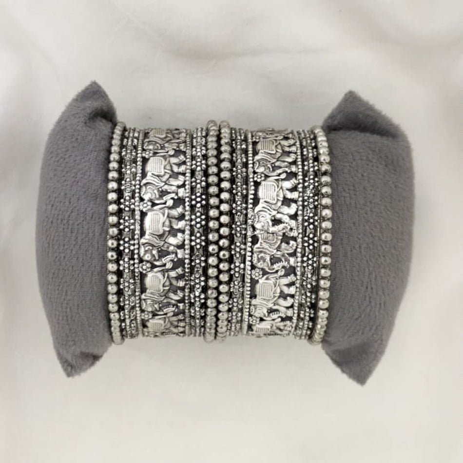 Ethnic Oxidised Silver Plated Elephant Motif Bangles Set