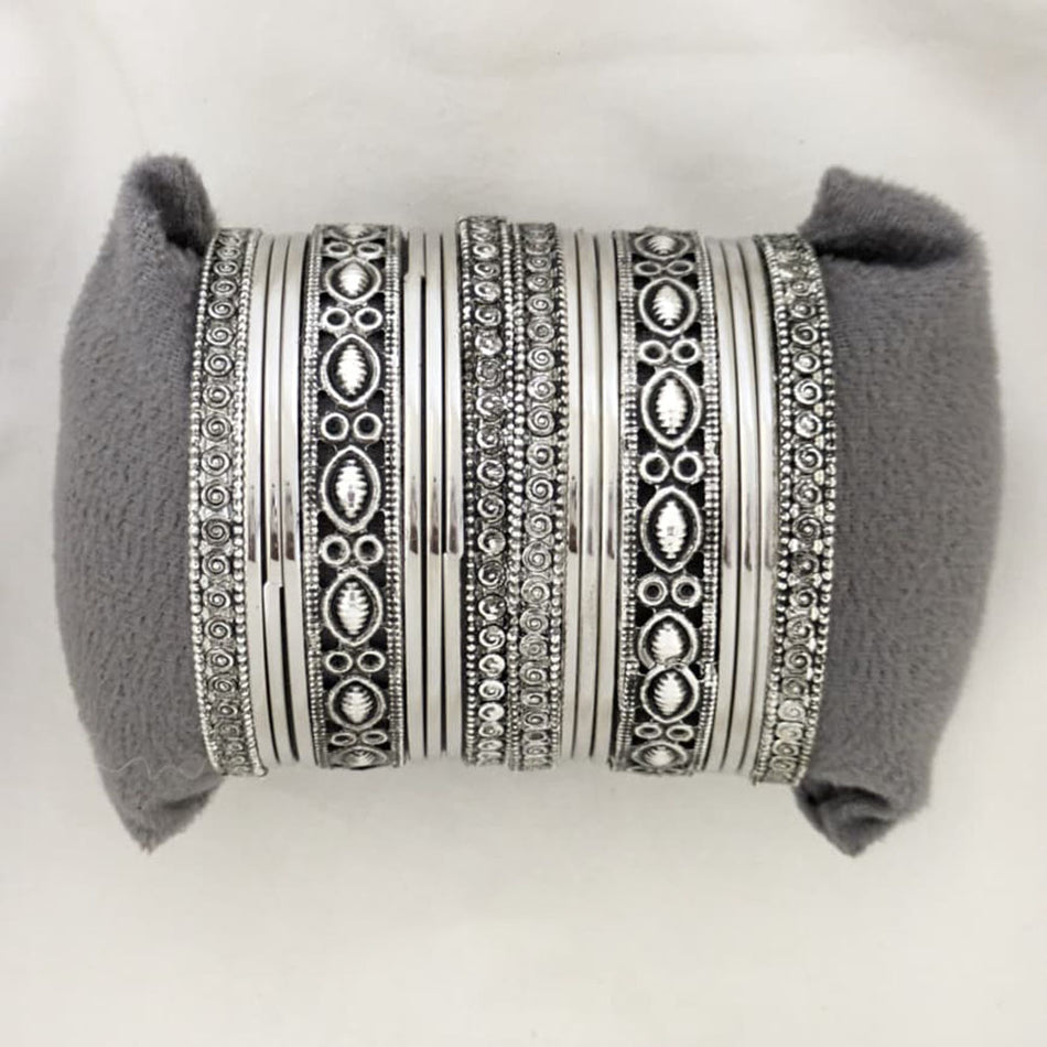 Ethnic Oxidised Silver Plated Engraved Bangles Set