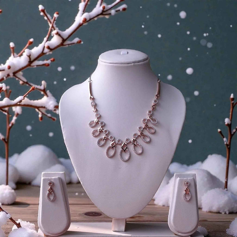Rosegold Plated AD Designer Teardrop Necklace Set with Matching Earrings