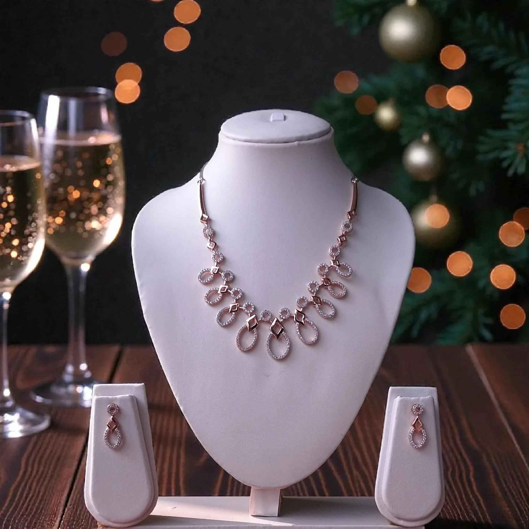 Rosegold Plated AD Designer Teardrop Necklace Set with Matching Earrings