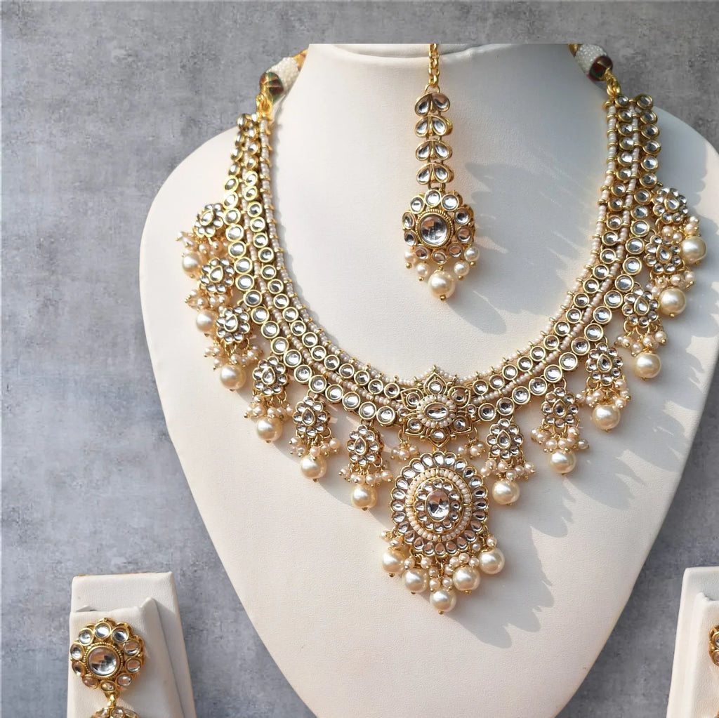 Premium Kundan Bridal Necklace Set with Pearl Drops (Necklace, Earrings & Maang Tikka) - Shangri 