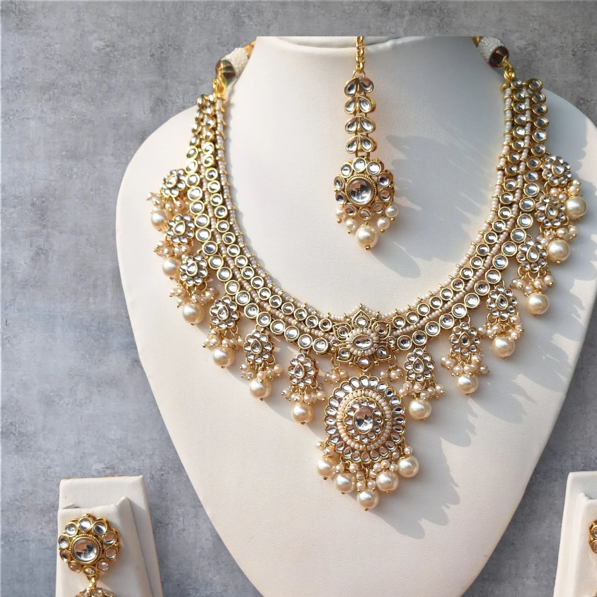 Premium Kundan Bridal Necklace Set with Pearl Drops (Necklace, Earrings & Maang Tikka) - Shangri 