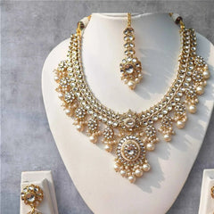 Premium Kundan Bridal Necklace Set with Pearl Drops (Necklace, Earrings & Maang Tikka)