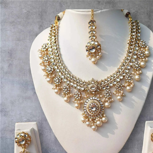 Premium Kundan Bridal Necklace Set with Pearl Drops (Necklace, Earrings & Maang Tikka)