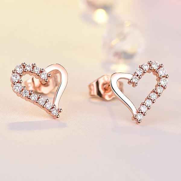 Shangri Rose Gold Heart AD Stud Earrings – Korean Romantic Crystal Love Studs