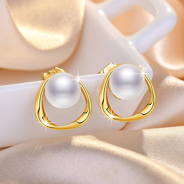 Shangri Gold Pearl Triangle Stud Earrings – Korean Minimal Geometric Pearl Studs