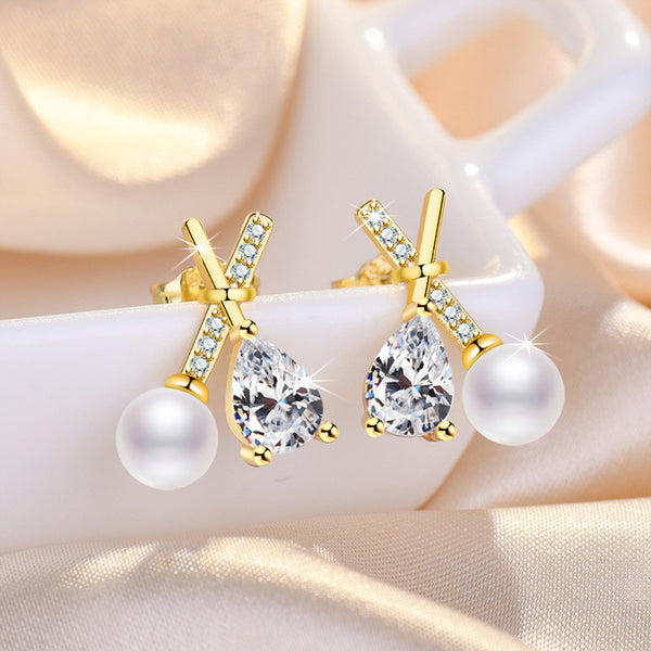 Shangri Gold Pearl Drop AD Earrings – Korean Cross Design Crystal Studs