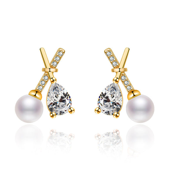 Shangri Gold Pearl Drop AD Earrings – Korean Cross Design Crystal Studs
