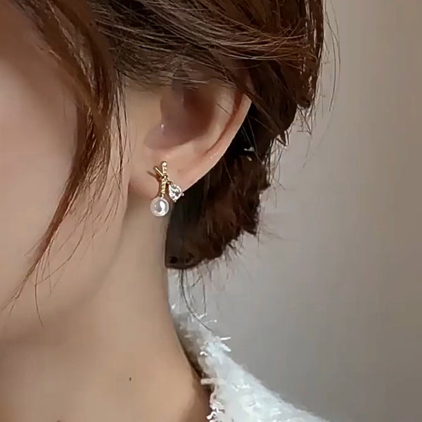 Shangri Gold Pearl Drop AD Earrings – Korean Cross Design Crystal Studs