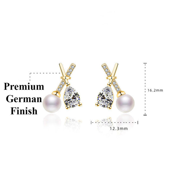 Shangri Gold Pearl Drop AD Earrings – Korean Cross Design Crystal Studs