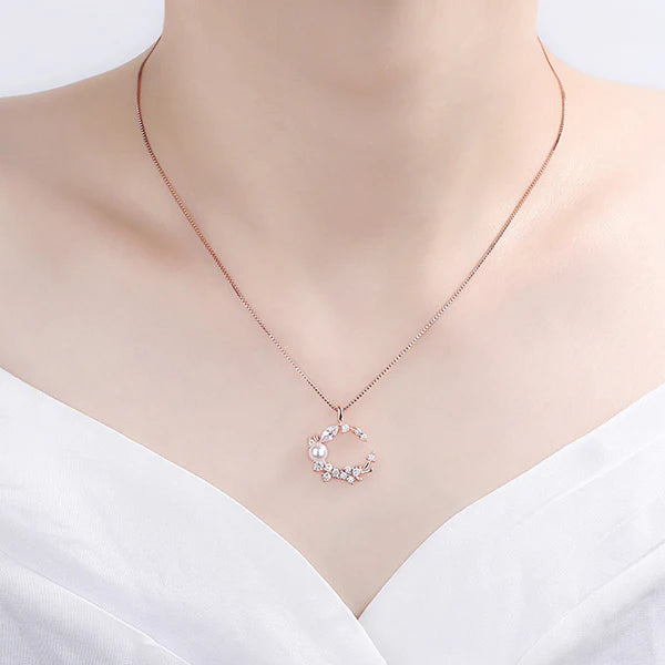 Rose Gold Plated American Diamond Studded Moon Shape Contemporary Pendant Necklace