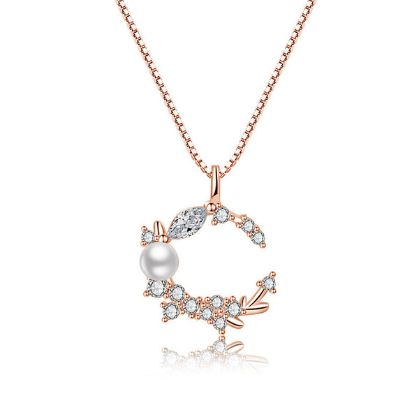 Rose Gold Plated American Diamond Studded Moon Shape Contemporary Pendant Necklace