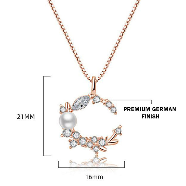 Rose Gold Plated American Diamond Studded Moon Shape Contemporary Pendant Necklace