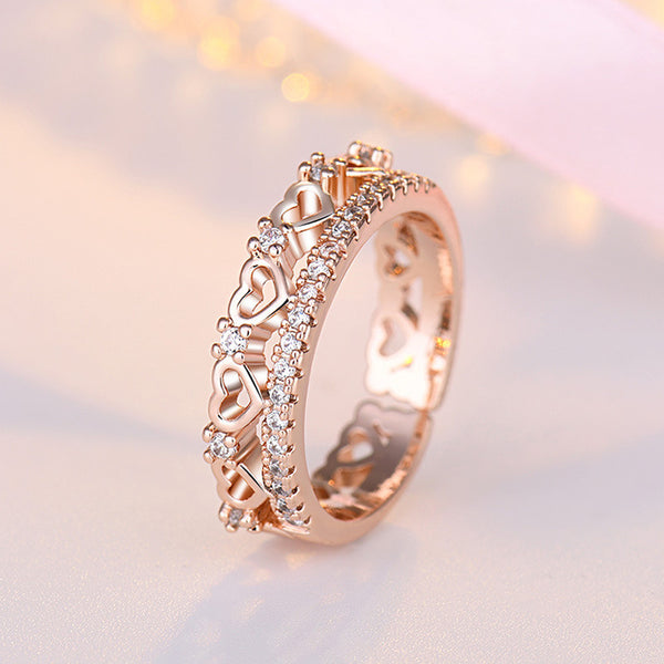 Rose Gold Plated American Diamond Studded Hearts Inspired Contemporary Adjustable Finger Ring