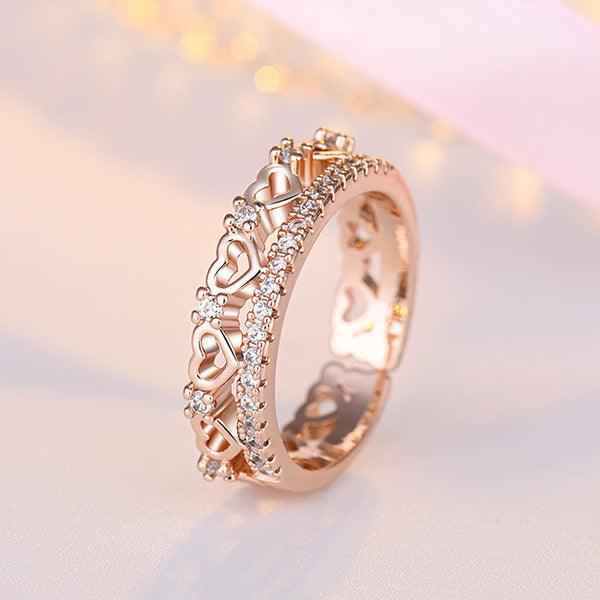 Rose Gold Plated American Diamond Studded Hearts Inspired Contemporary Adjustable Finger Ring
