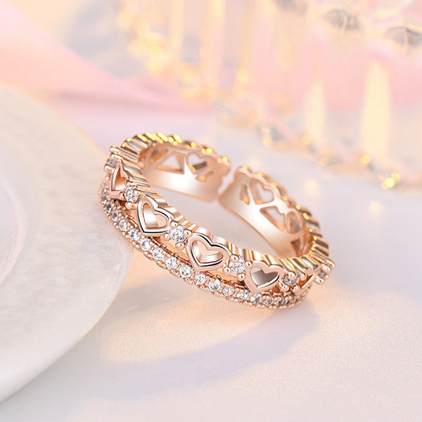 Rose Gold Plated American Diamond Studded Hearts Inspired Contemporary Adjustable Finger Ring