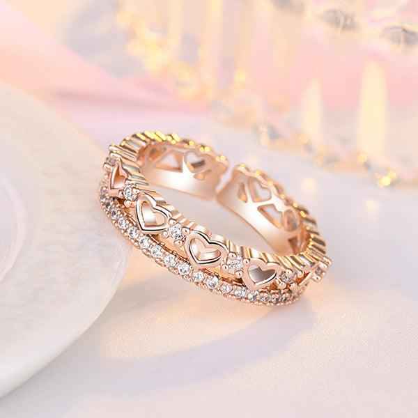 Rose Gold Plated American Diamond Studded Hearts Inspired Contemporary Adjustable Finger Ring