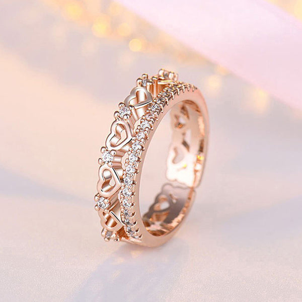 Rose Gold Plated American Diamond Studded Hearts Inspired Contemporary Adjustable Finger Ring