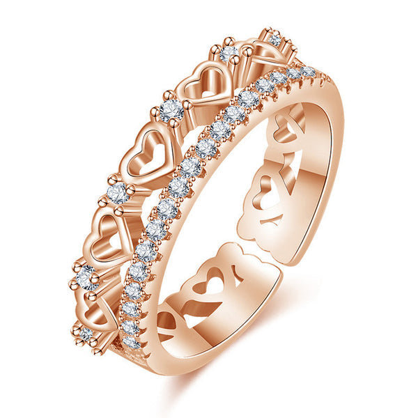 Rose Gold Plated American Diamond Studded Hearts Inspired Contemporary Adjustable Finger Ring