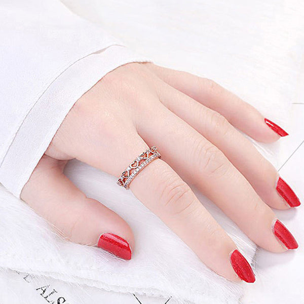 Rose Gold Plated American Diamond Studded Hearts Inspired Contemporary Adjustable Finger Ring