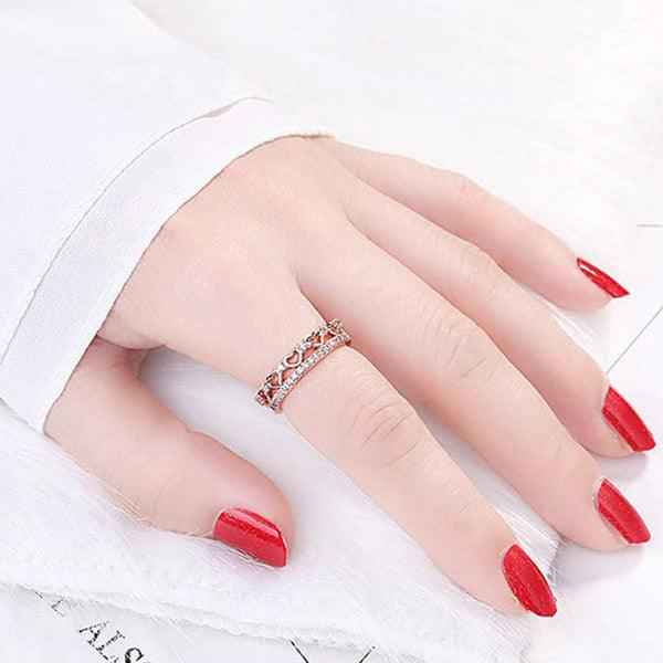 Rose Gold Plated American Diamond Studded Hearts Inspired Contemporary Adjustable Finger Ring