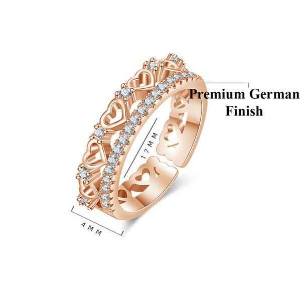 Rose Gold Plated American Diamond Studded Hearts Inspired Contemporary Adjustable Finger Ring