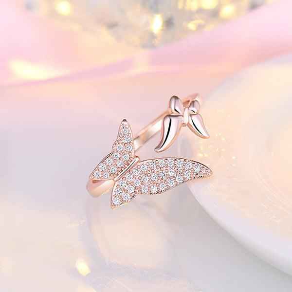Rose Gold Plated American Diamond Studded Butterfly Shape Contemporary Finger Ring