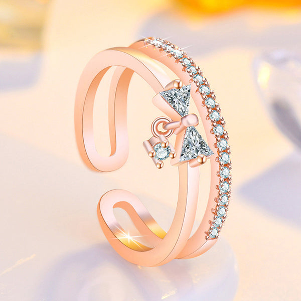 Rose Gold Plated American Diamond Studded Contemporary Korean Adjustable Finger Ring