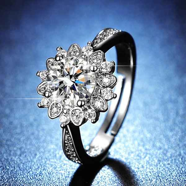 Silver Plated American Diamond Studded Floral Anti Tarnish Adjustable Solitaire Finger Ring