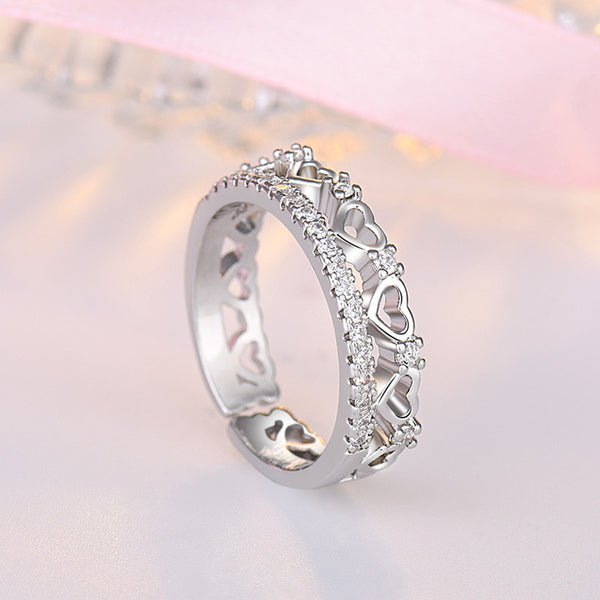 Silver Plated American Diamond Studded Hearts Inspired Contemporary Korean Finger Ring