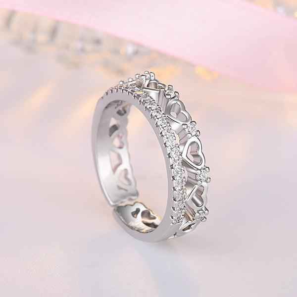 Silver Plated American Diamond Studded Hearts Inspired Contemporary Korean Finger Ring