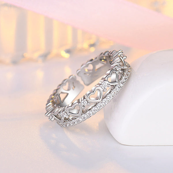 Silver Plated American Diamond Studded Hearts Inspired Contemporary Korean Finger Ring