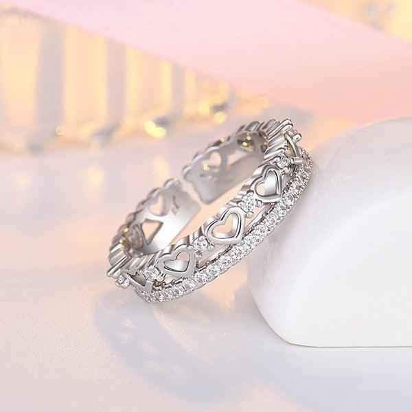 Silver Plated American Diamond Studded Hearts Inspired Contemporary Korean Finger Ring