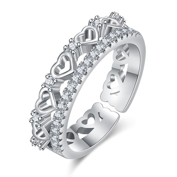 Silver Plated American Diamond Studded Hearts Inspired Contemporary Korean Finger Ring