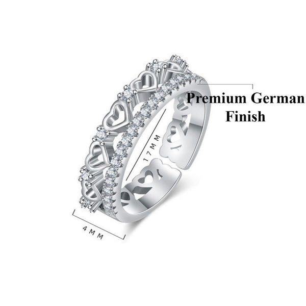 Silver Plated American Diamond Studded Hearts Inspired Contemporary Korean Finger Ring