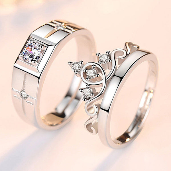 Shangri Crown Elegance American Diamond Couple Rings – Silver Plated Adjustable Royal Set
