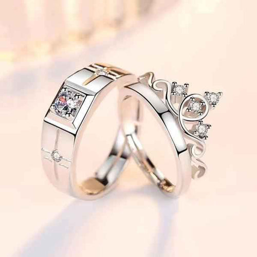 Shangri Crown Elegance American Diamond Couple Rings – Silver Plated Adjustable Royal Set