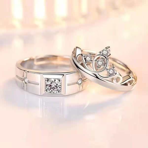 Shangri Crown Elegance American Diamond Couple Rings – Silver Plated Adjustable Royal Set