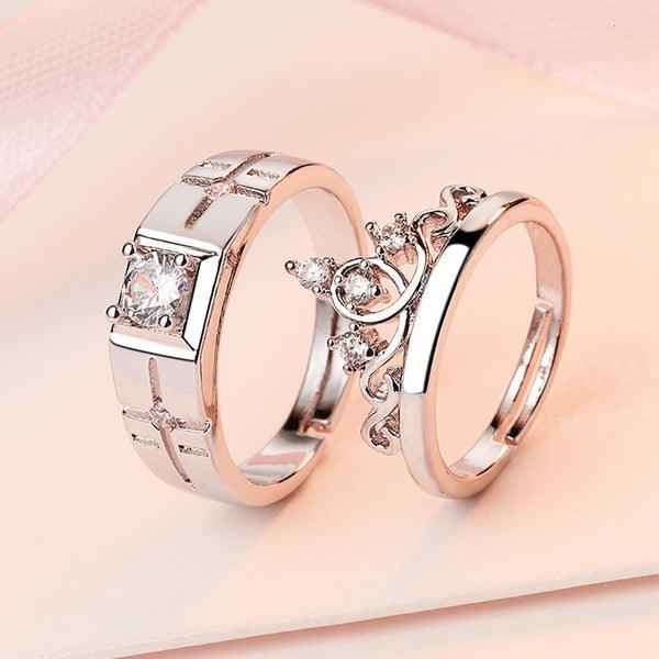 Shangri Crown Elegance American Diamond Couple Rings – Silver Plated Adjustable Royal Set