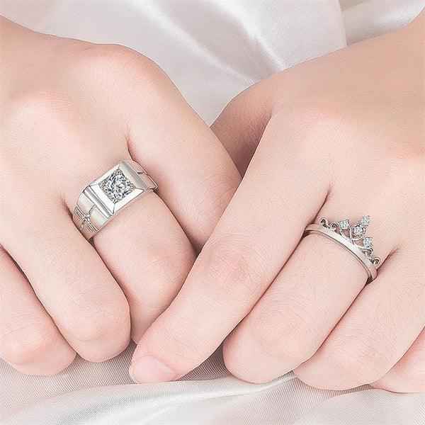 Shangri Crown Elegance American Diamond Couple Rings – Silver Plated Adjustable Royal Set