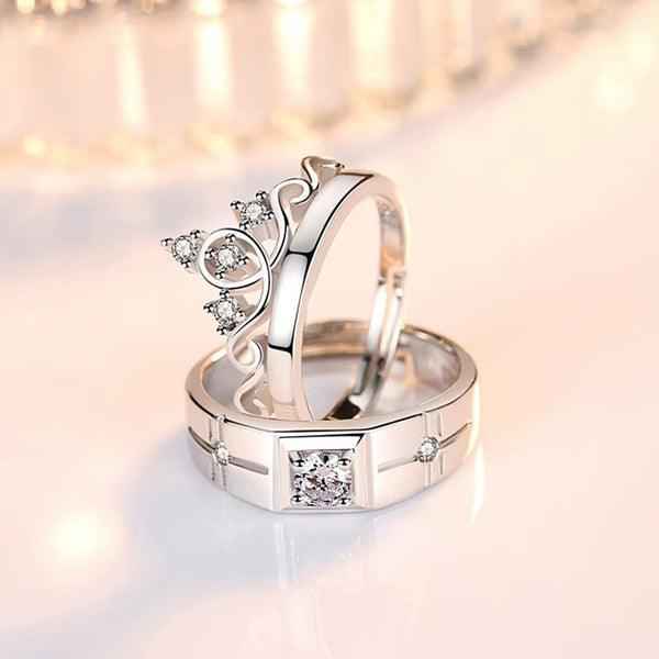 Shangri Crown Elegance American Diamond Couple Rings – Silver Plated Adjustable Royal Set