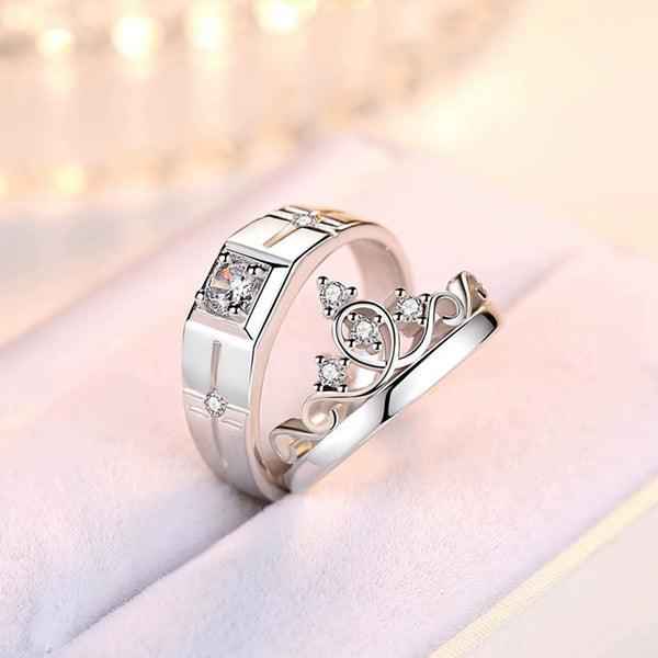 Shangri Crown Elegance American Diamond Couple Rings – Silver Plated Adjustable Royal Set