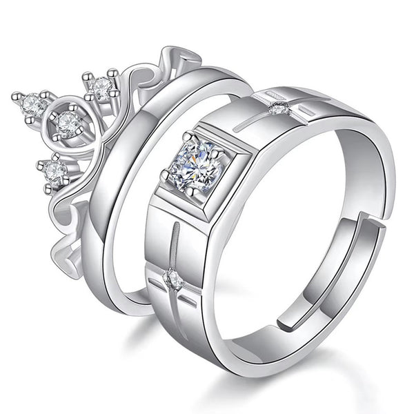 Shangri Crown Elegance American Diamond Couple Rings – Silver Plated Adjustable Royal Set