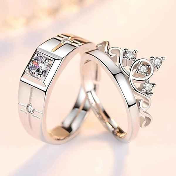 Shangri Crown Elegance American Diamond Couple Rings – Silver Plated Adjustable Royal Set